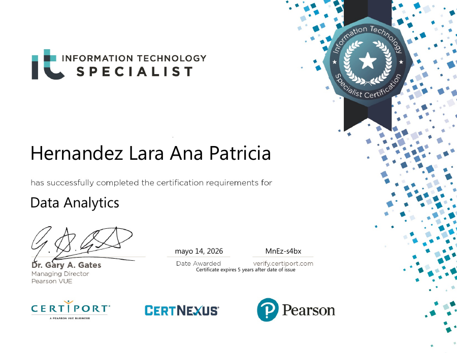 Vista previa del certificado IT Specialist - Data Analytics