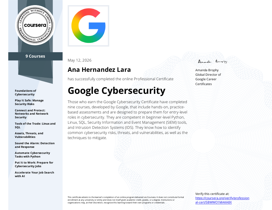 Vista previa del certificado Google Cybersecurity Professional Certificate