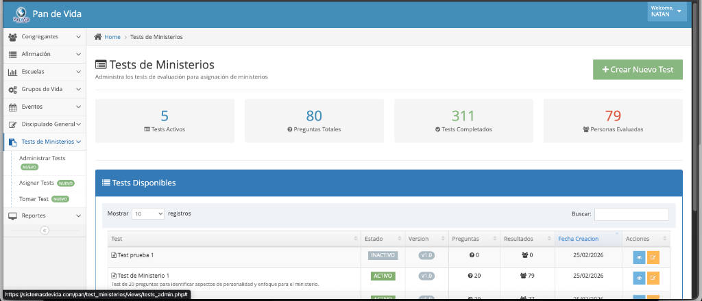 CodeIgniter — Tests de Ministerios